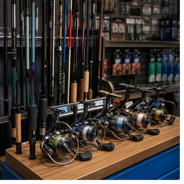 Fishing rods and reels at the local tackle counter
